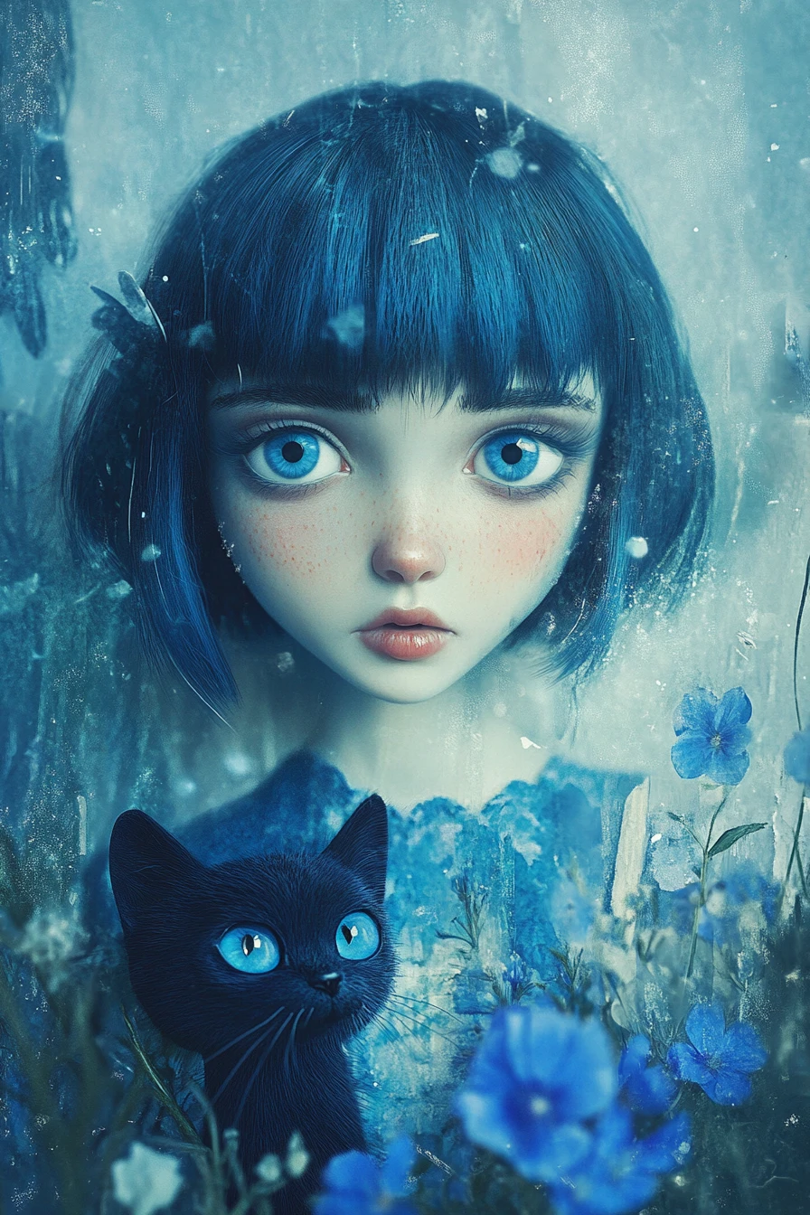 Blue haired girl with cat in whimsical digital painting