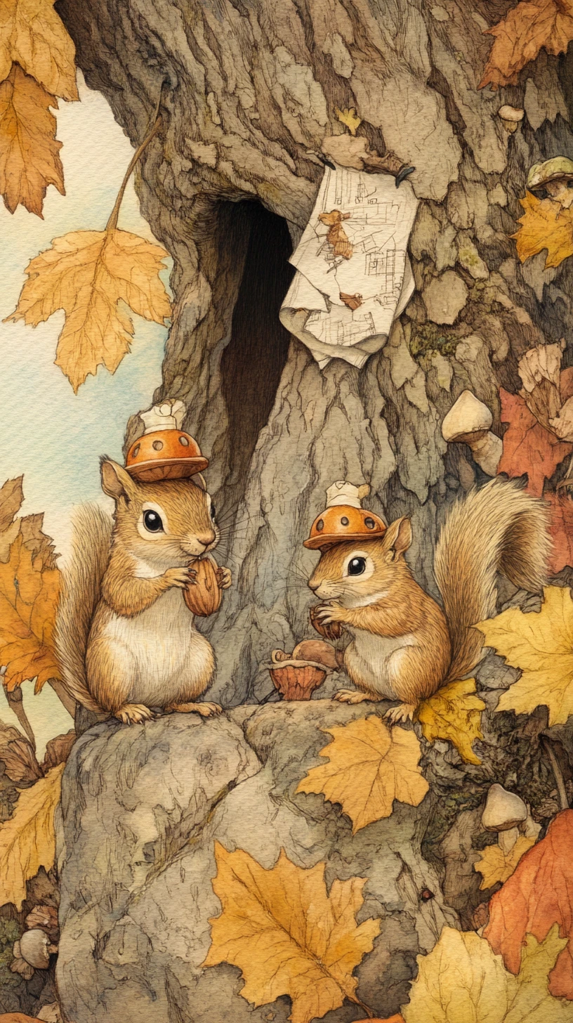 Organized woodland squirrels running a tiny forest construction site