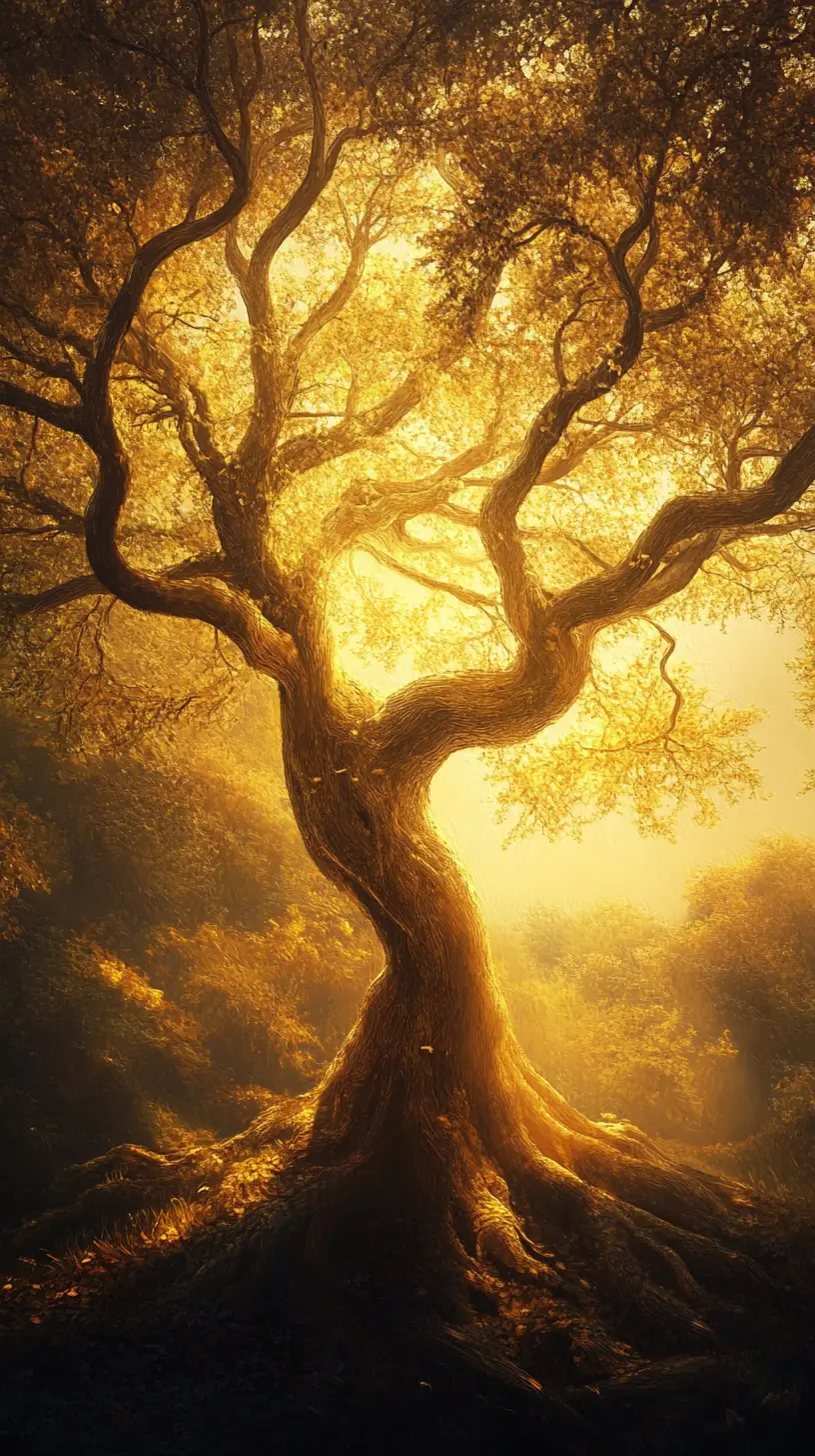 Ancient tree embracing resting travelers in warm golden light