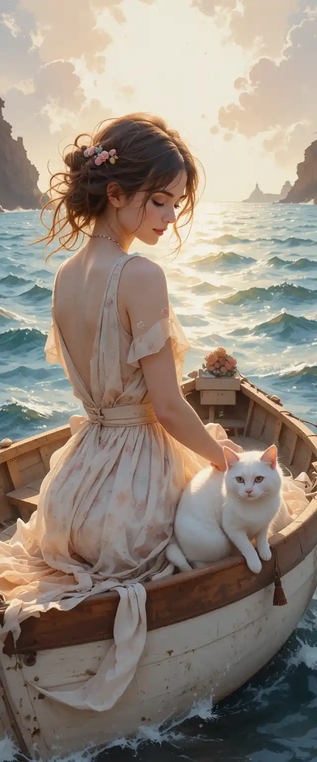 Woman and cat on a small boat in dreamy watercolor