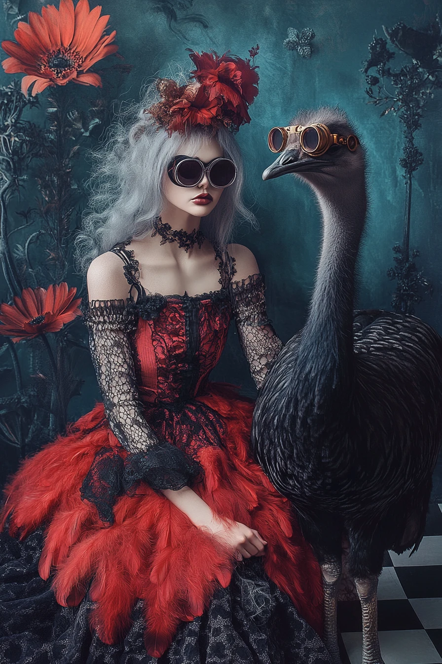 Surreal gothic woman seated beside adorned ostrich
