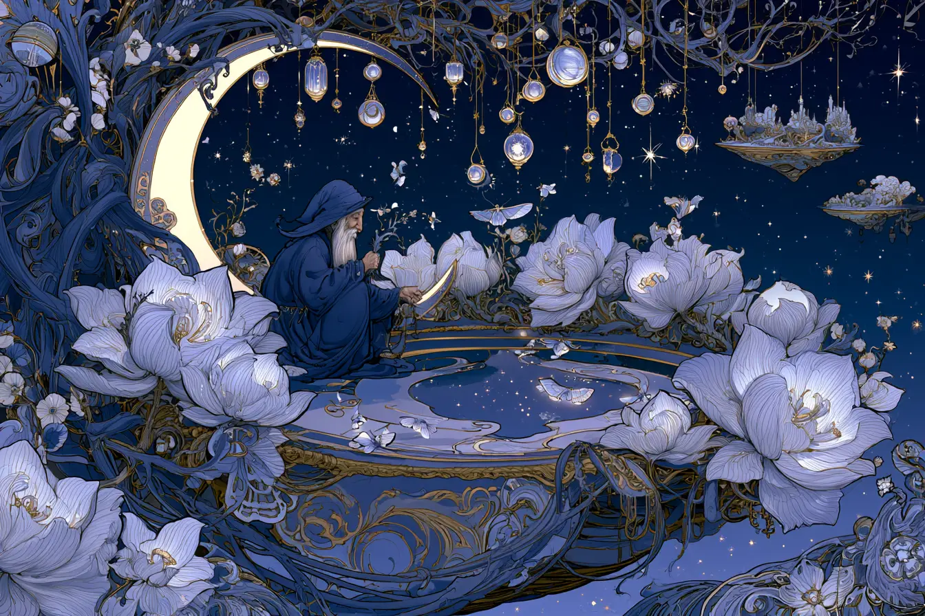Elderly gardener in a moonlit floating night garden