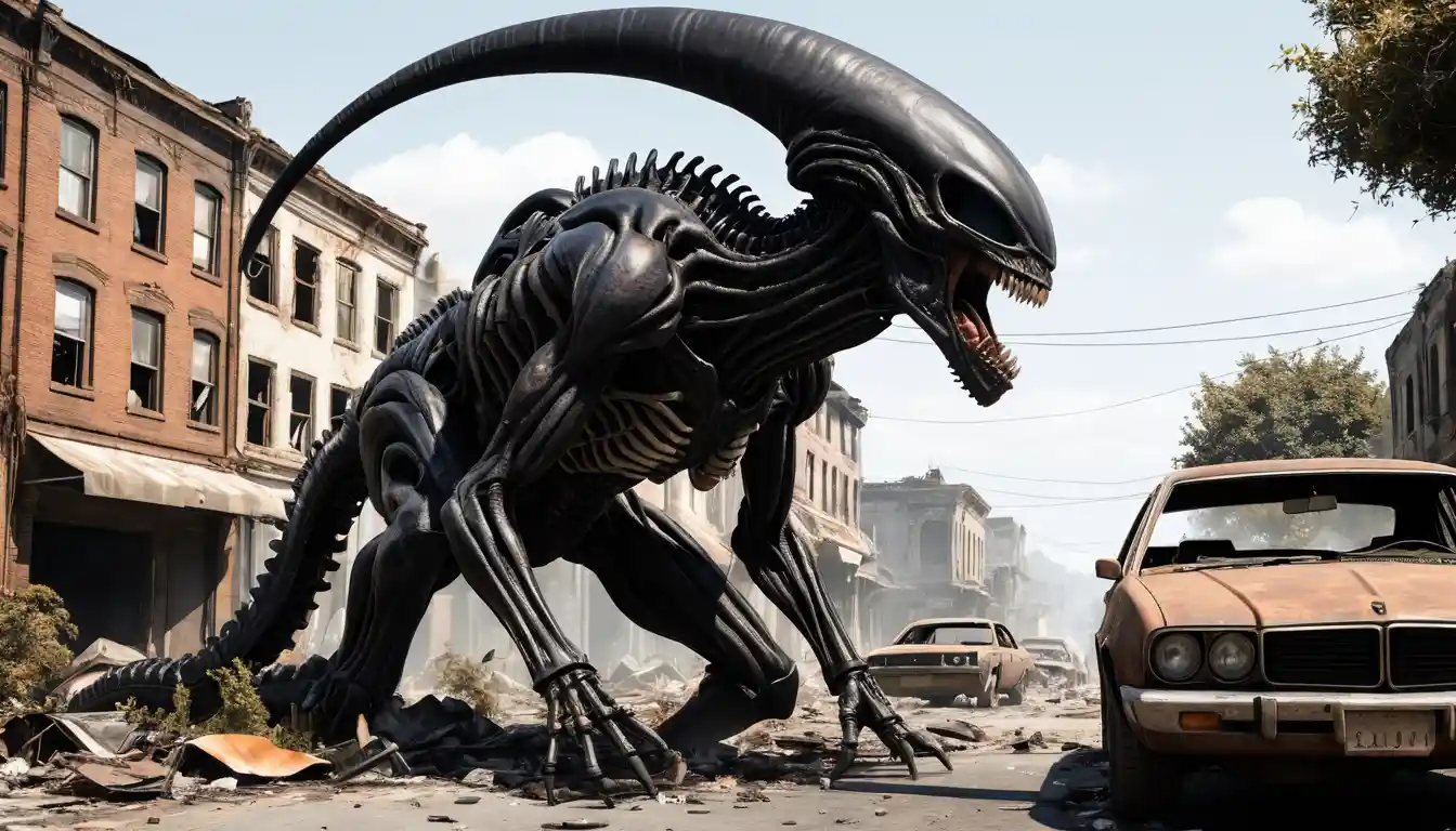 Alien creature attacks man on ruined city street