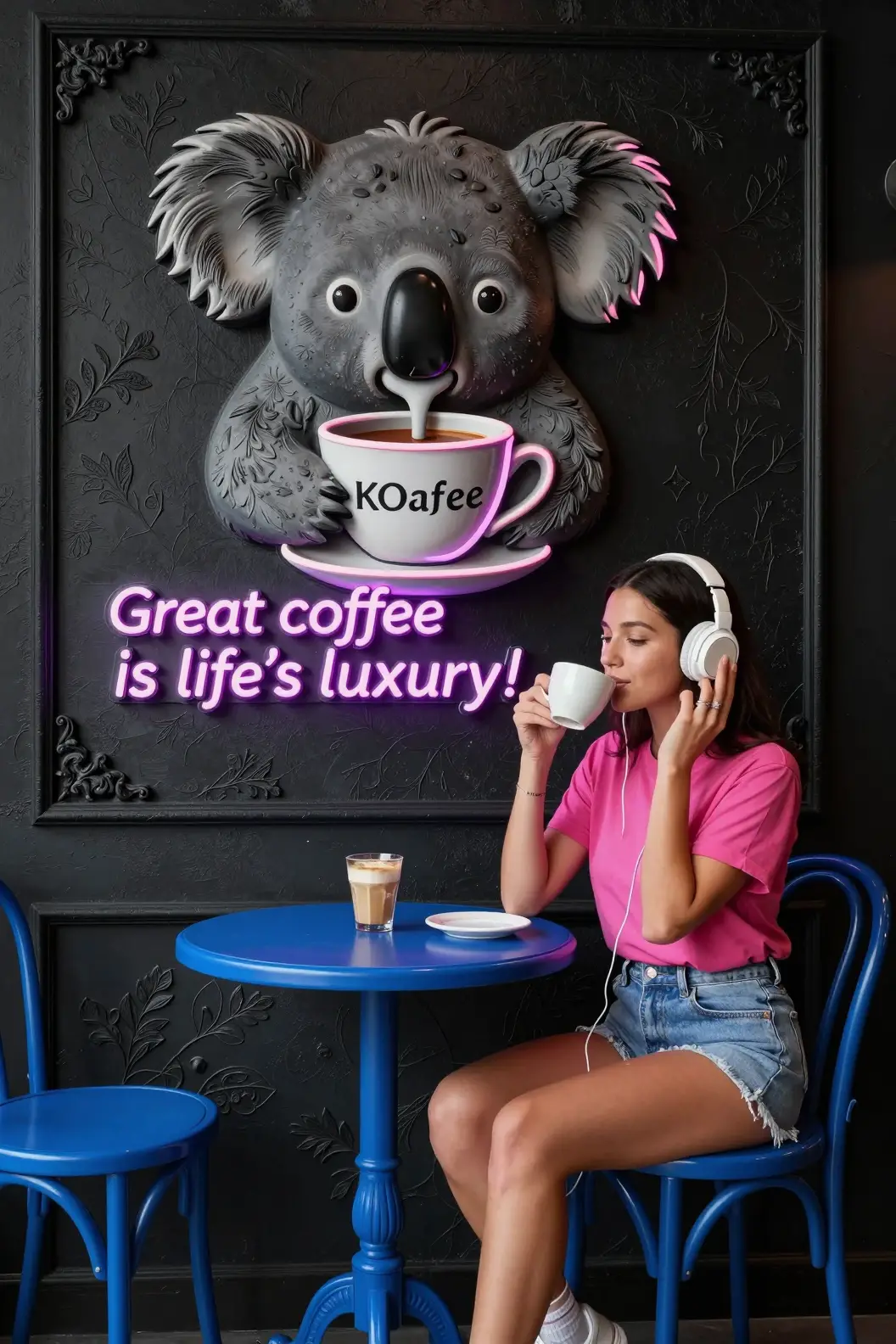Young woman enjoying coffee at a stylish cafe corner