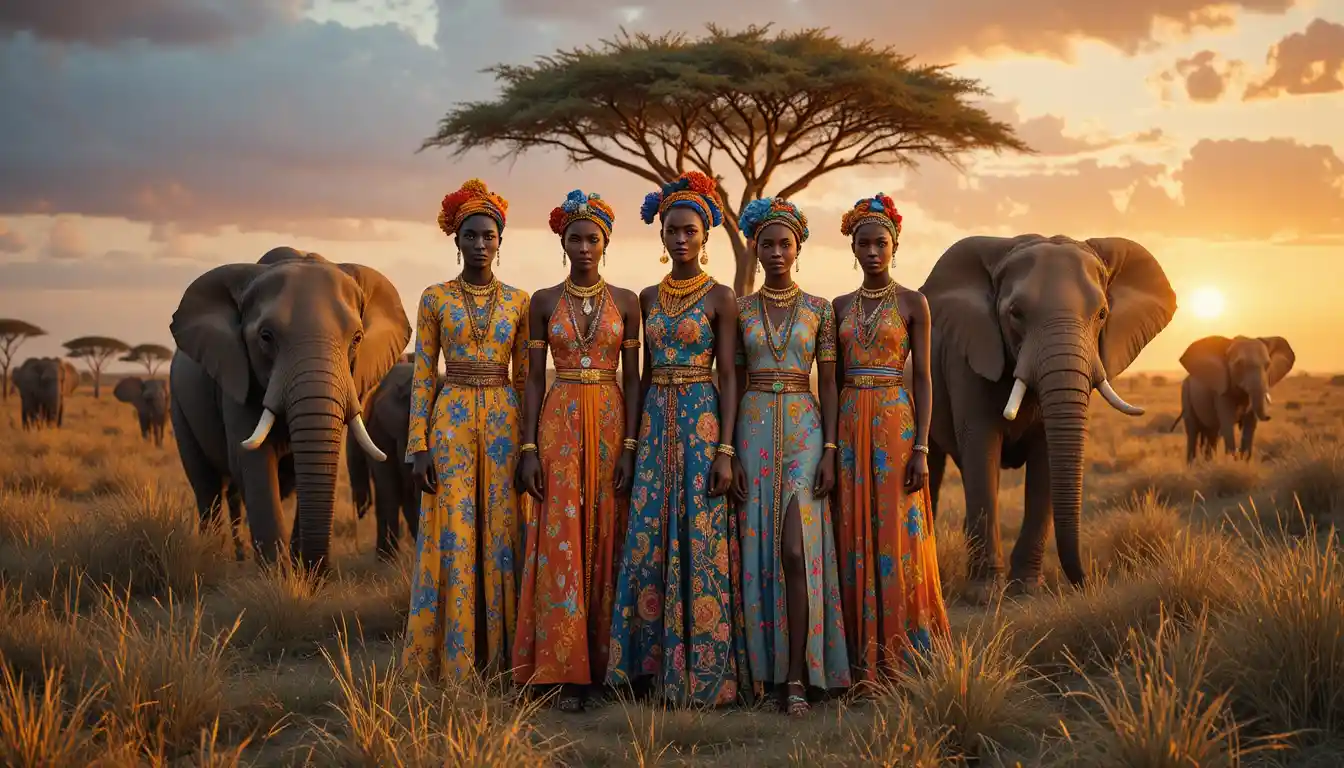 Moda de lujo con aldeanos en la sabana africana