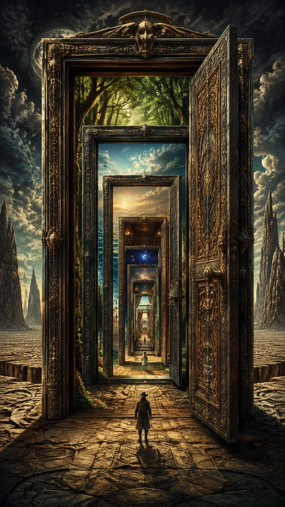 Endless ornate door opening into infinite surreal worlds