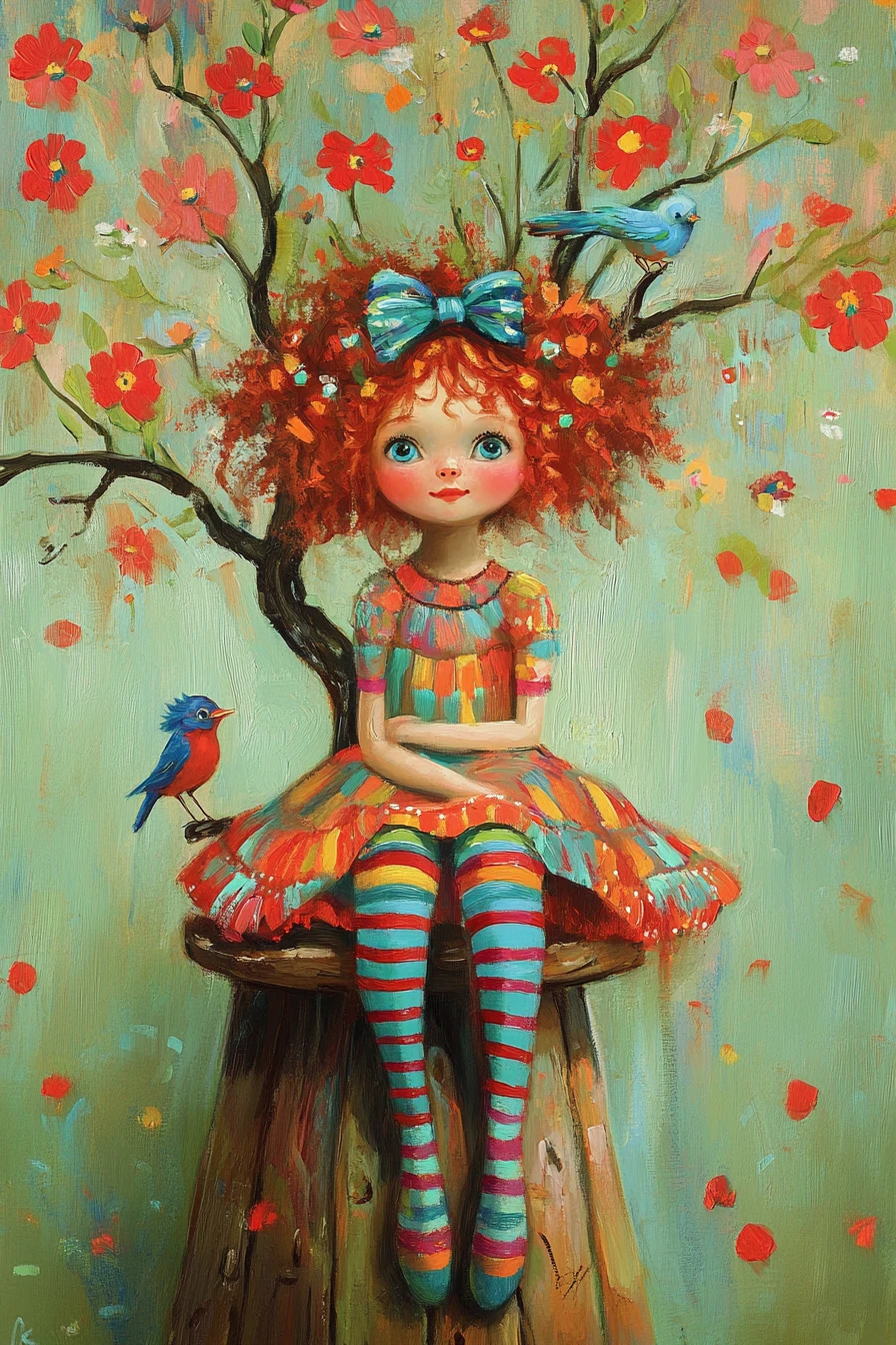 Young girl under a floral tree in impasto painting