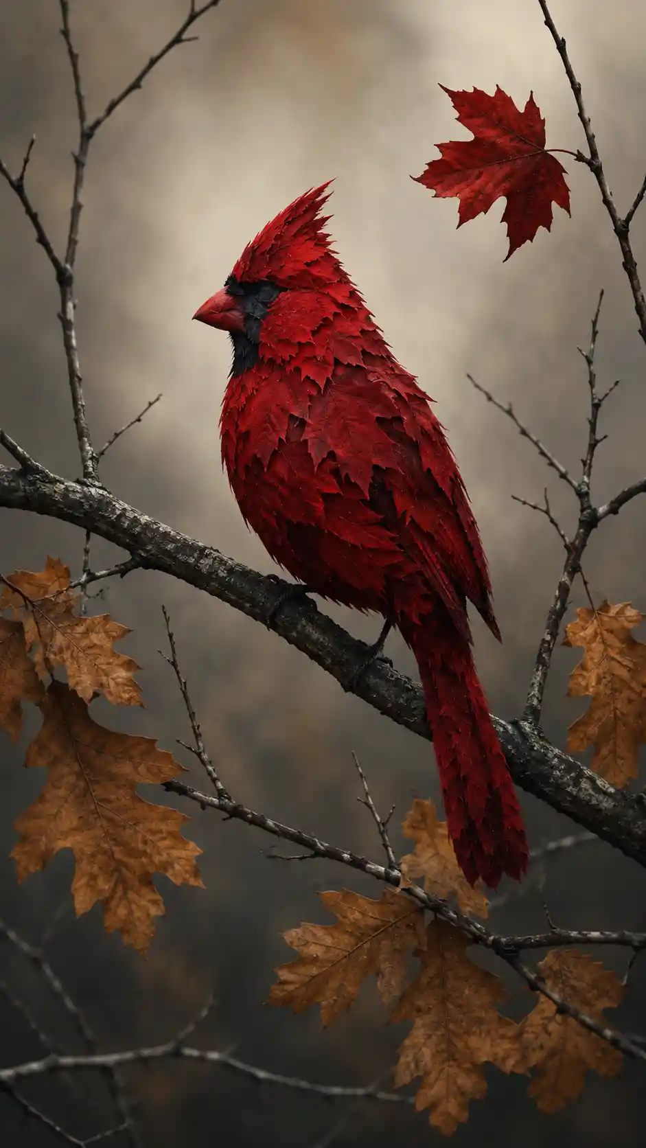 Vogelsilhouette zwischen kahlen Ästen mit Herbstblättern