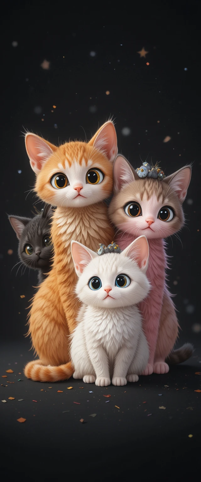 Stack of four cute cartoon cats on dark background