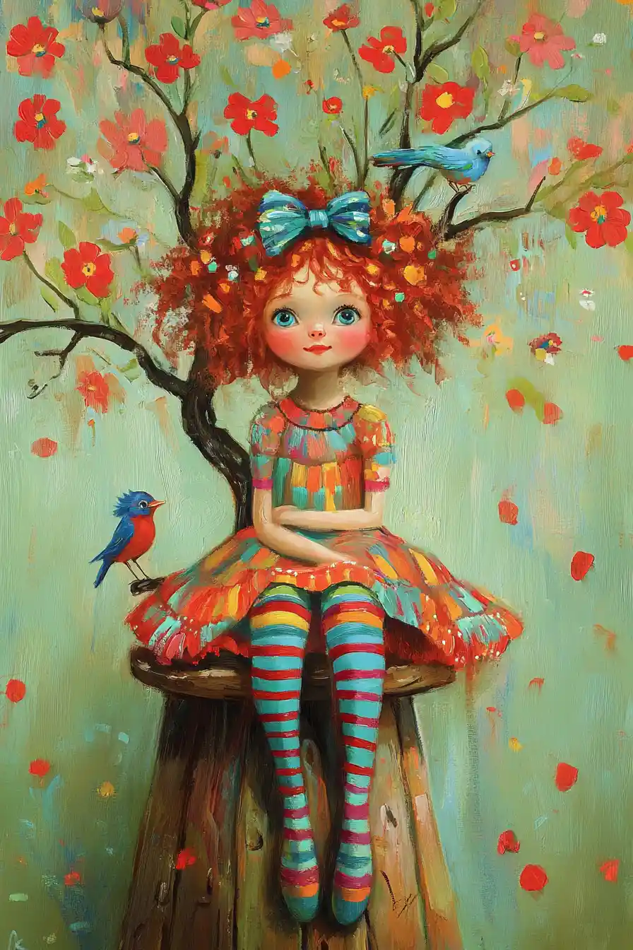 Giovane ragazza sotto un albero in fiore in pittura a impasto