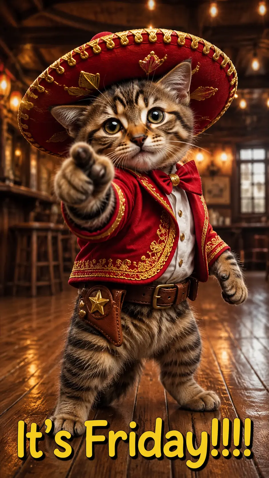 Playful tabby kitten in red sombrero in warm saloon room