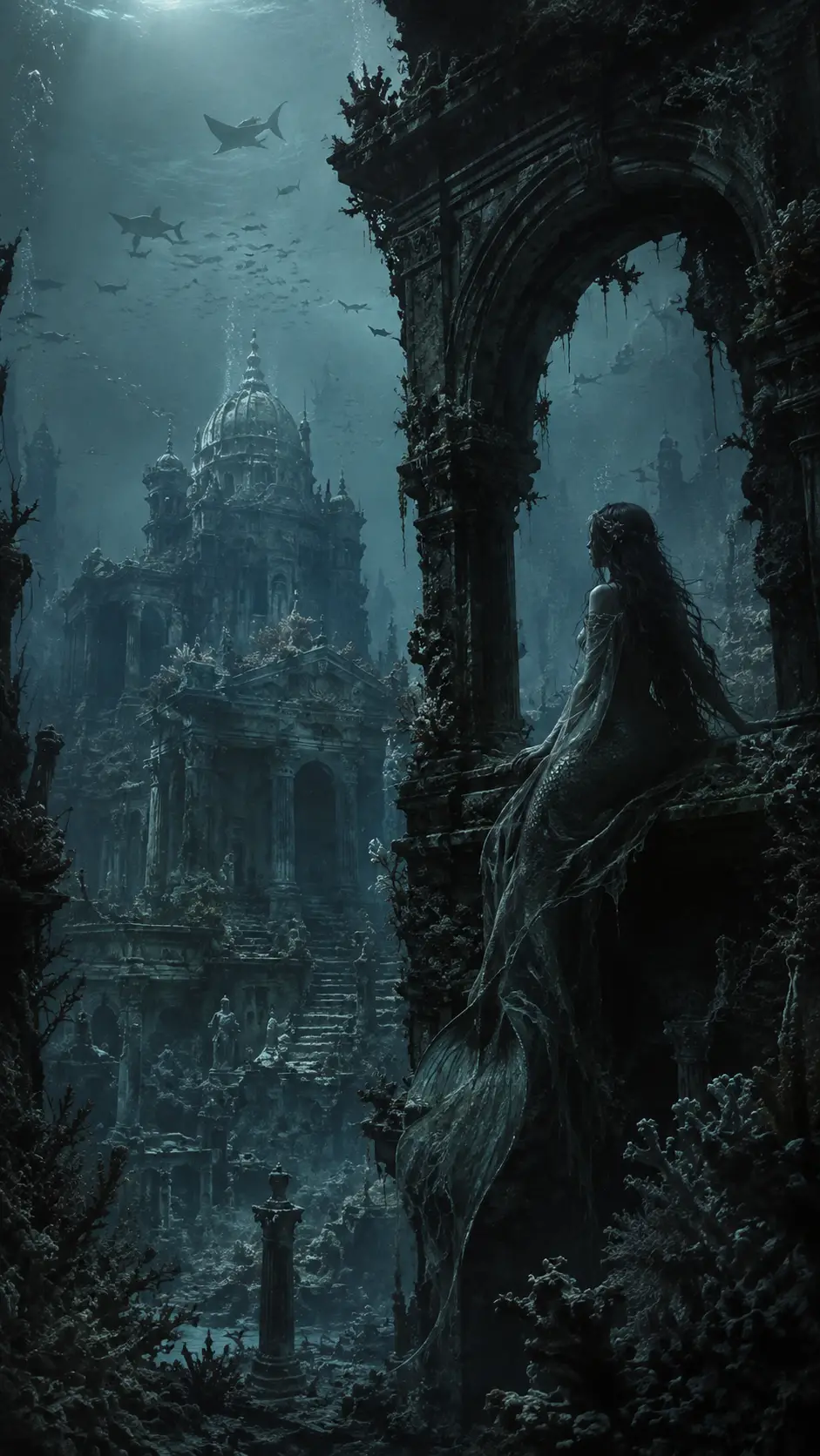 Melancholic mermaid in a dark ancient underwater city