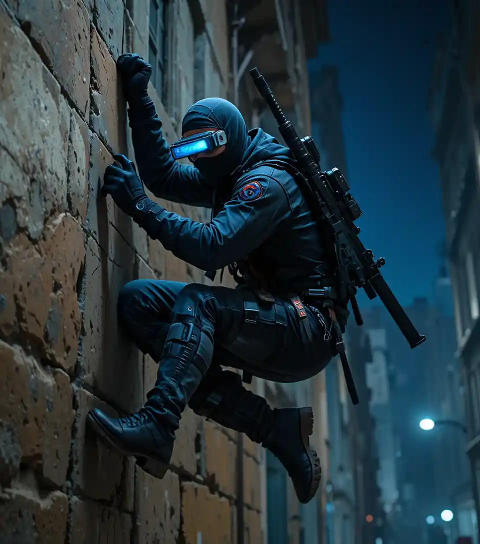 Ninja soldier hanging from a city building at night