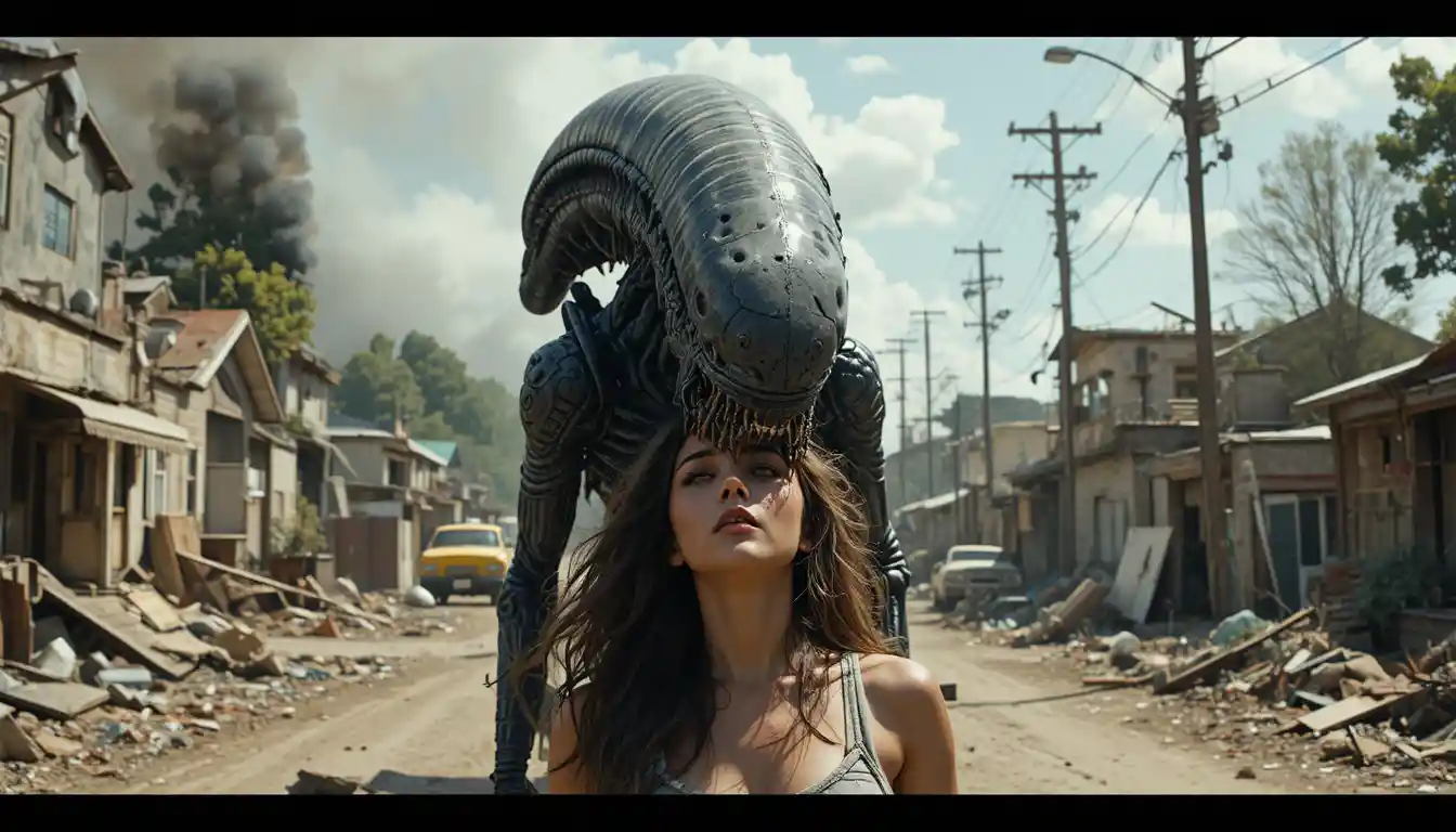 Alien monster in a ruined post apocalyptic city street