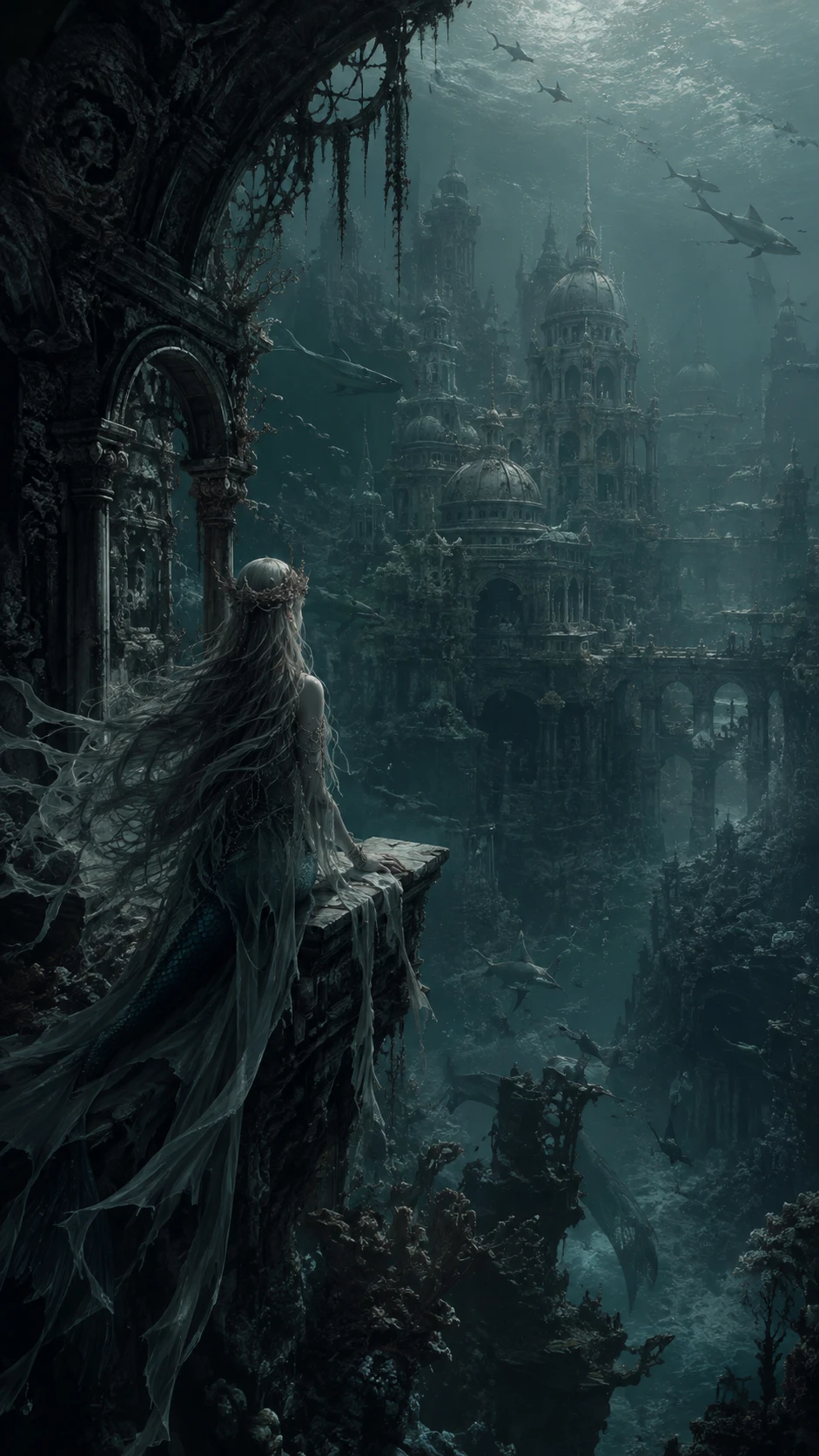 Melancholic mermaid in ruins of an ancient underwater city