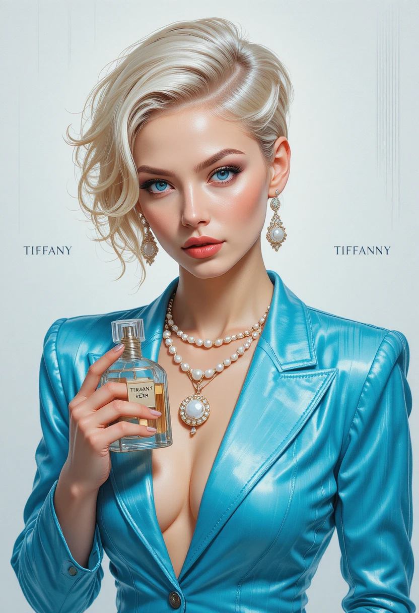 Elegant woman in blue outfit holding perfume bottle
