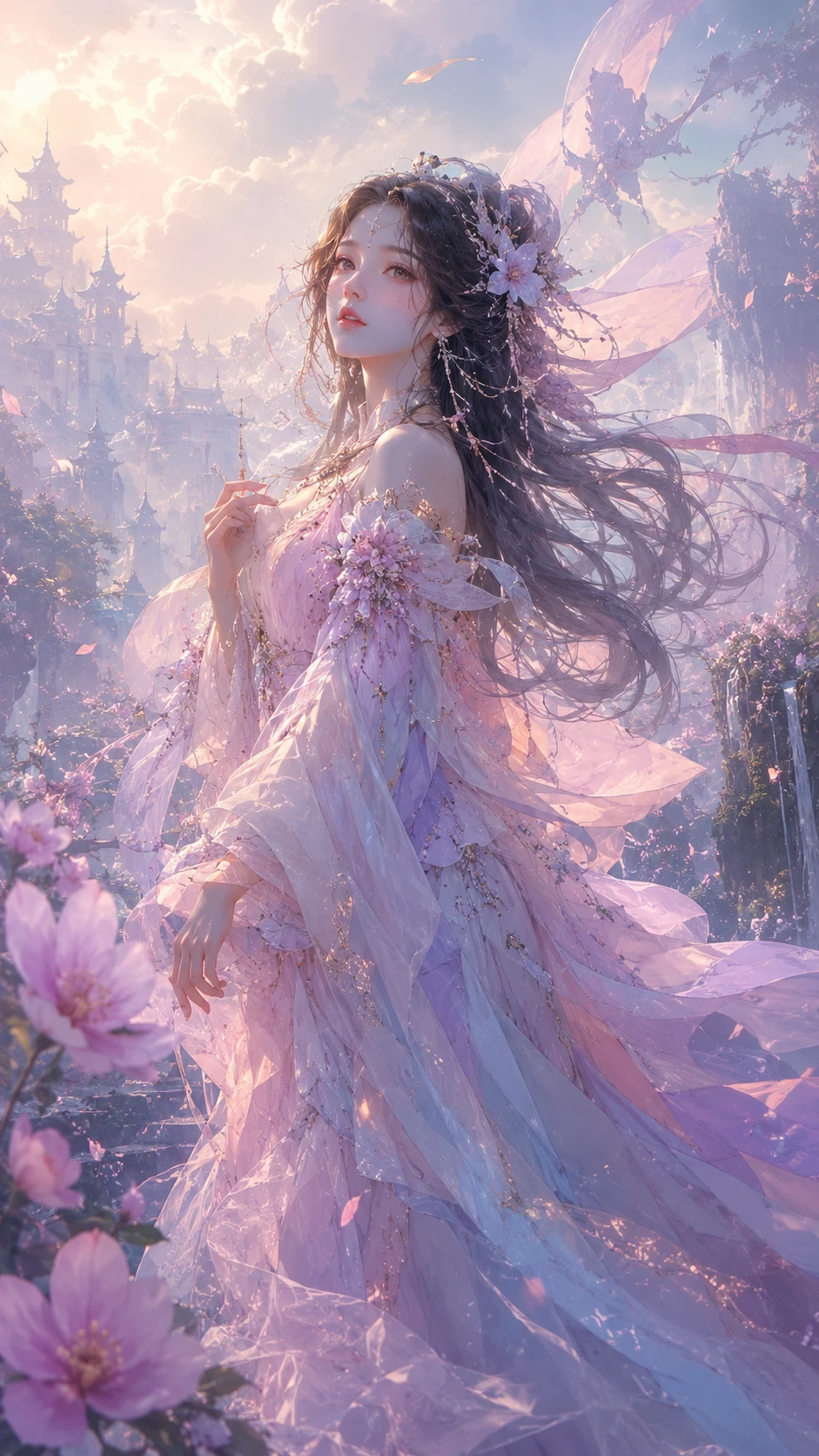 Dreamy Fantasy Woman In Flowing Gown With Soft Pastel Colors