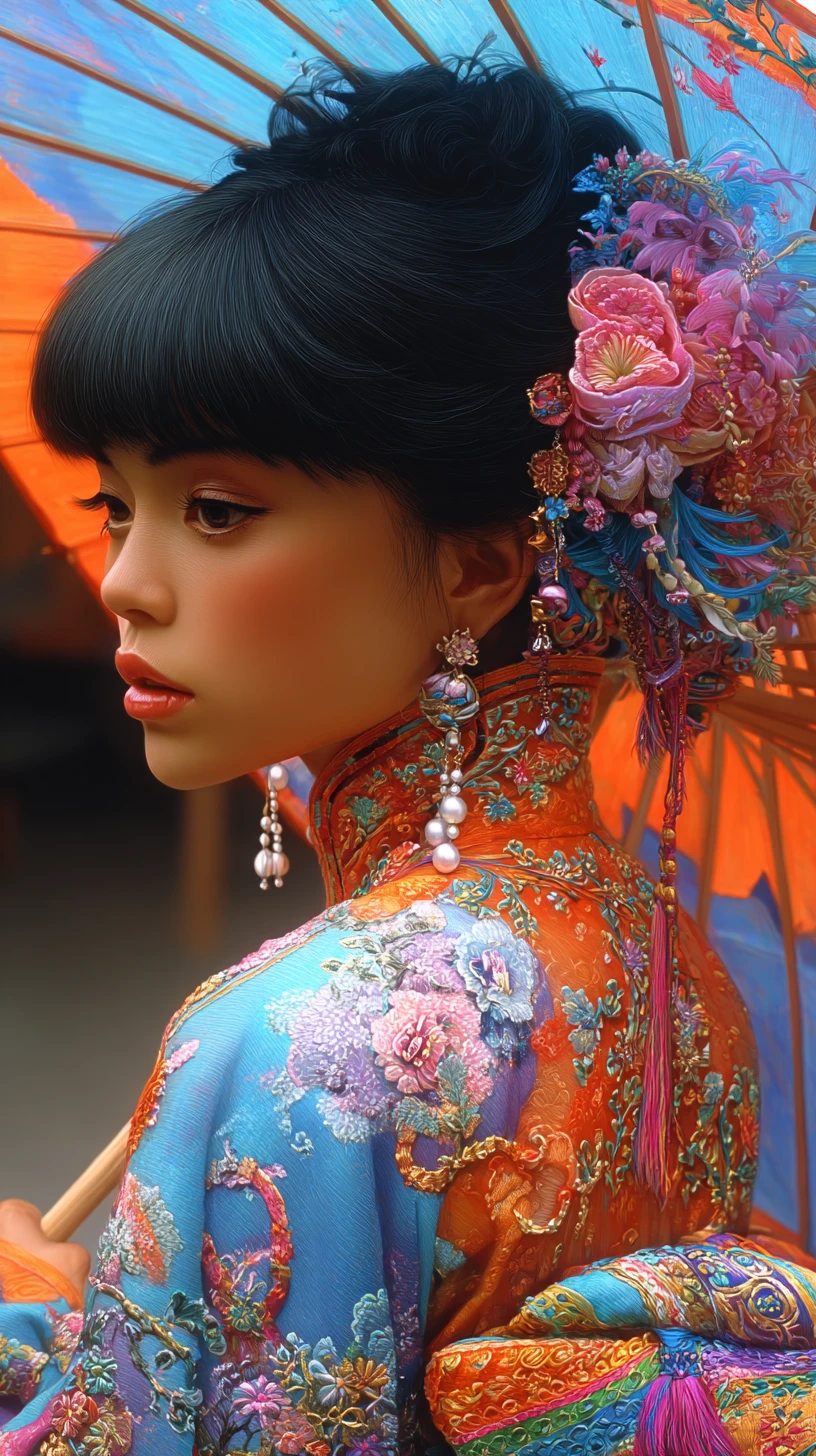 Japanese girl in blue kimono with floral paper parasol