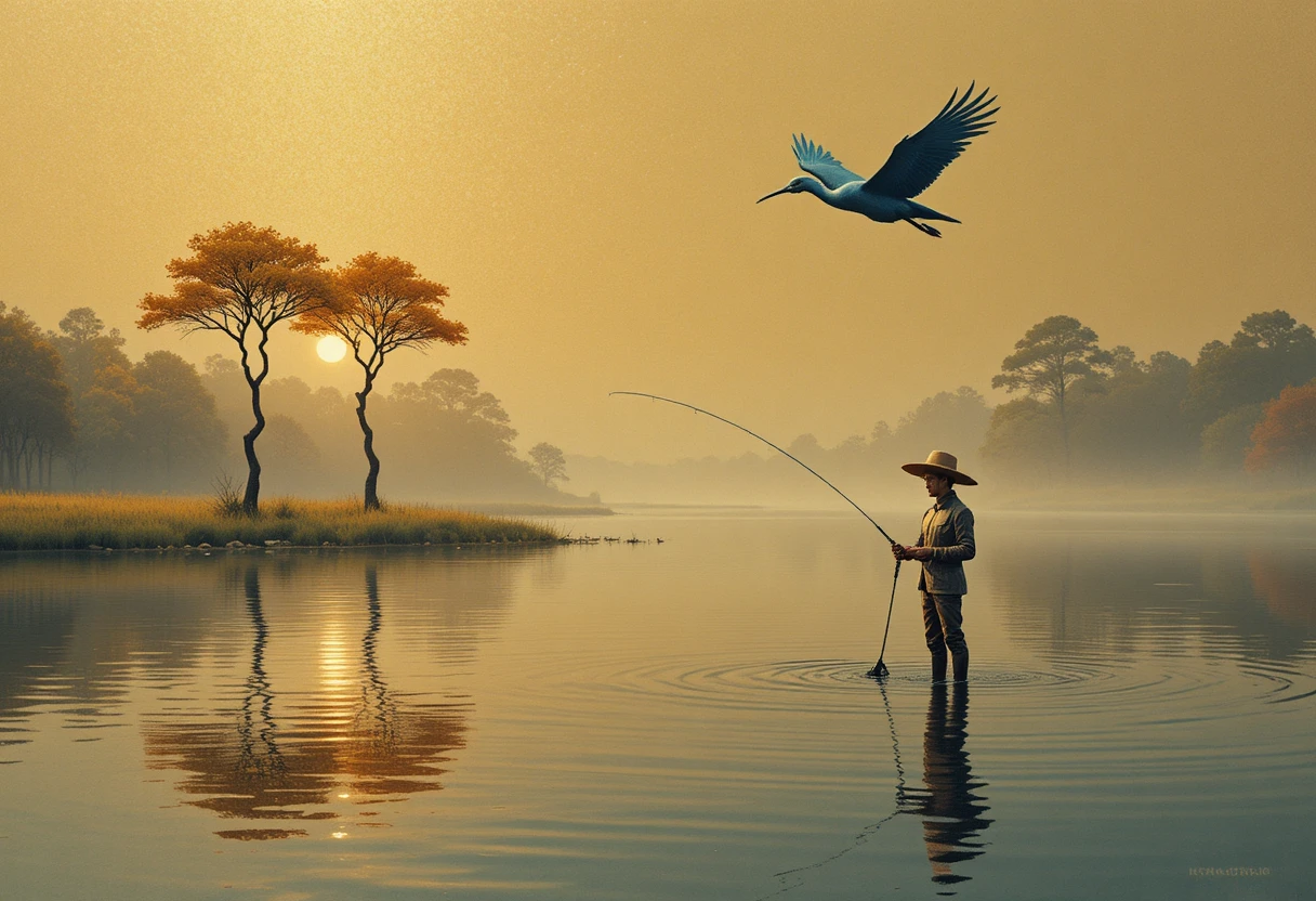 Surreal fisherman standing in a reflective golden lake