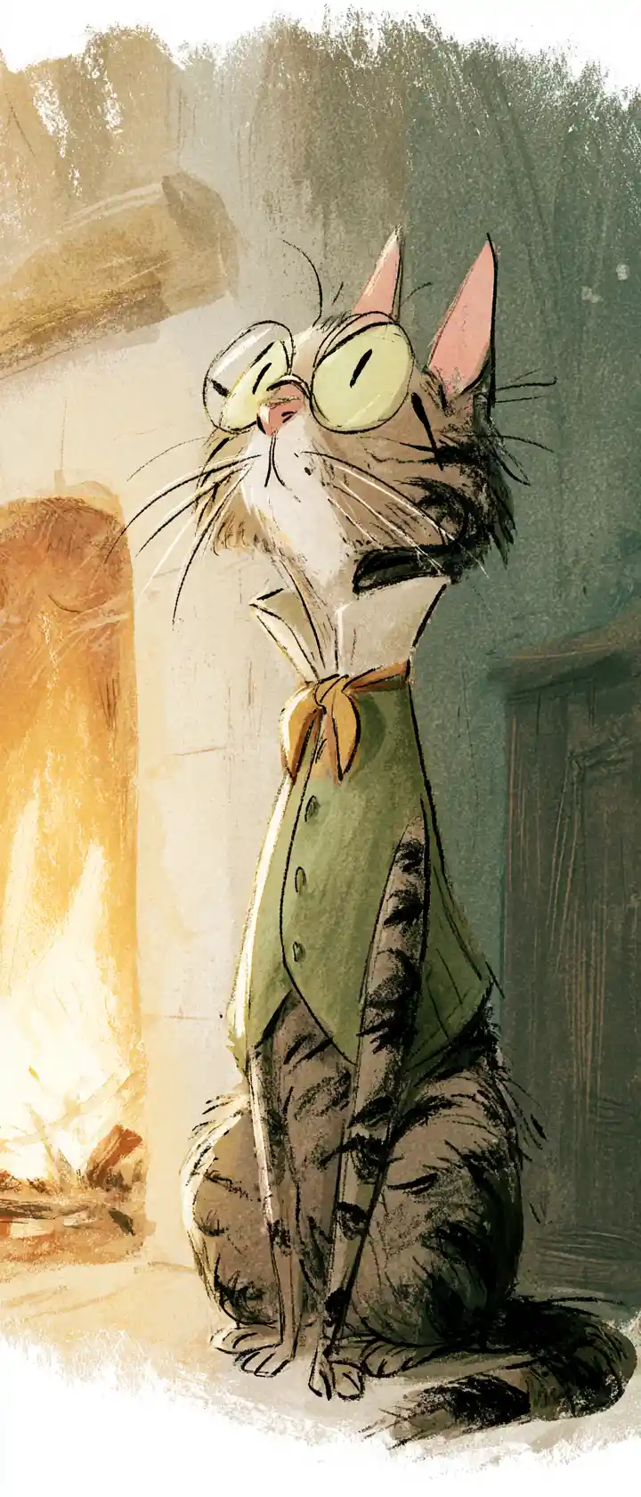 Regale gatto tigrato con gilet accanto a un camino accogliente