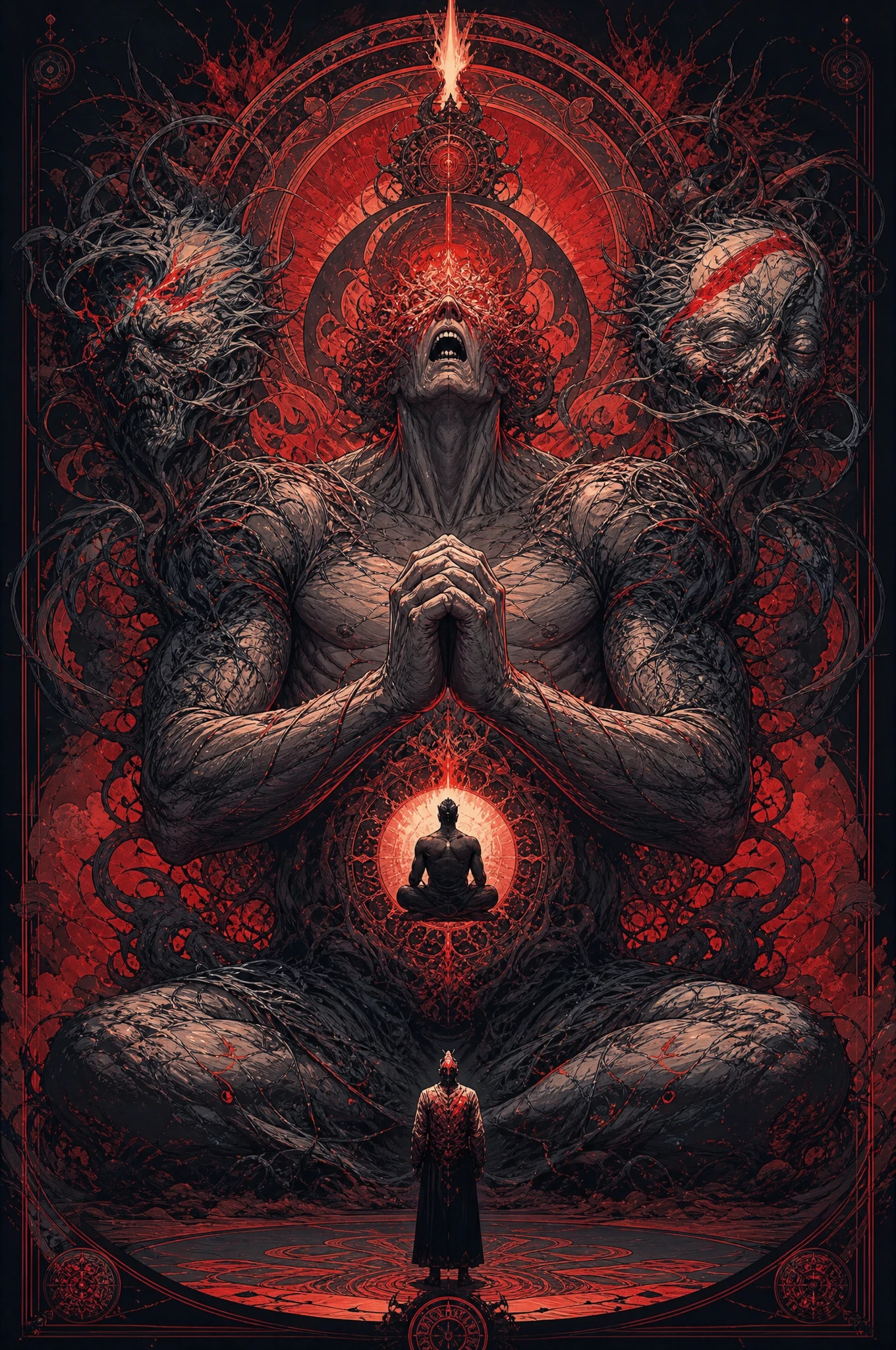 Colossal praying humanoid torn between agony and inner calm