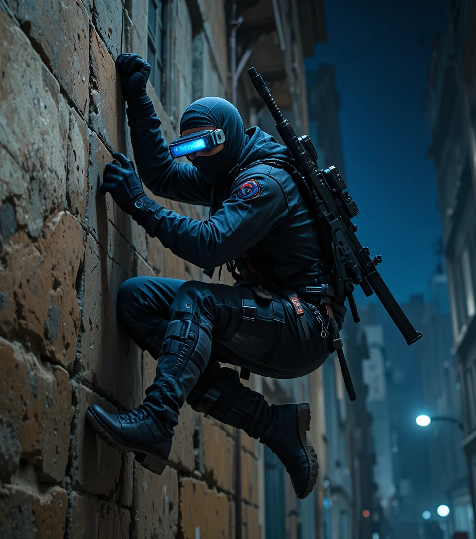 Ninja soldier hanging from a city building at night