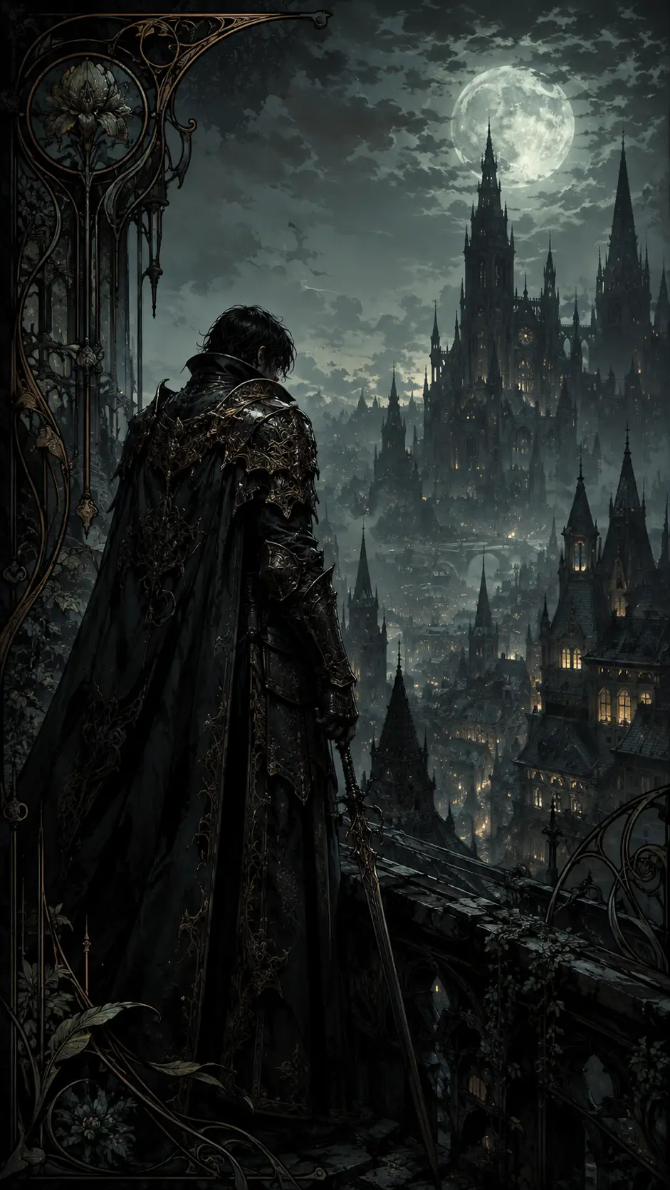 Lone knight on crumbling parapet above misty gothic city