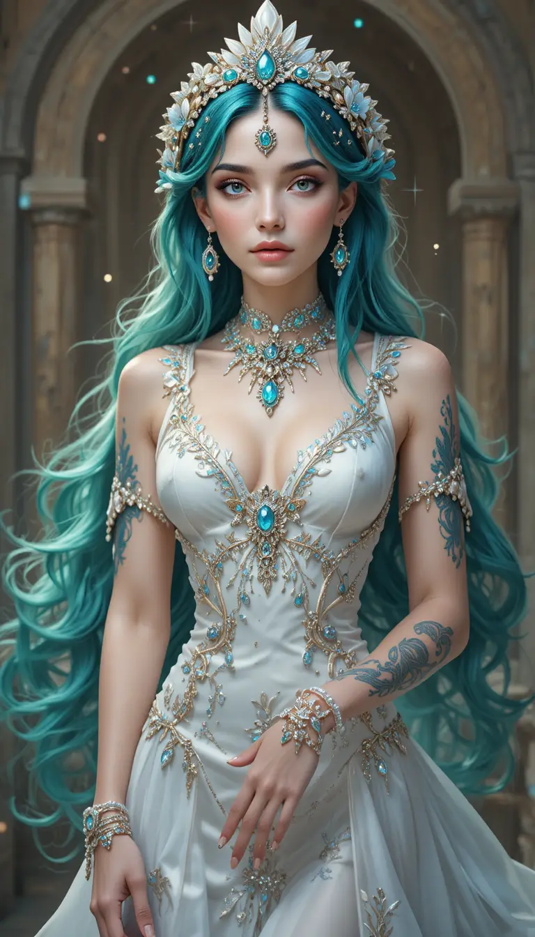 Elegant emerald haired mermaid woman in an anime world