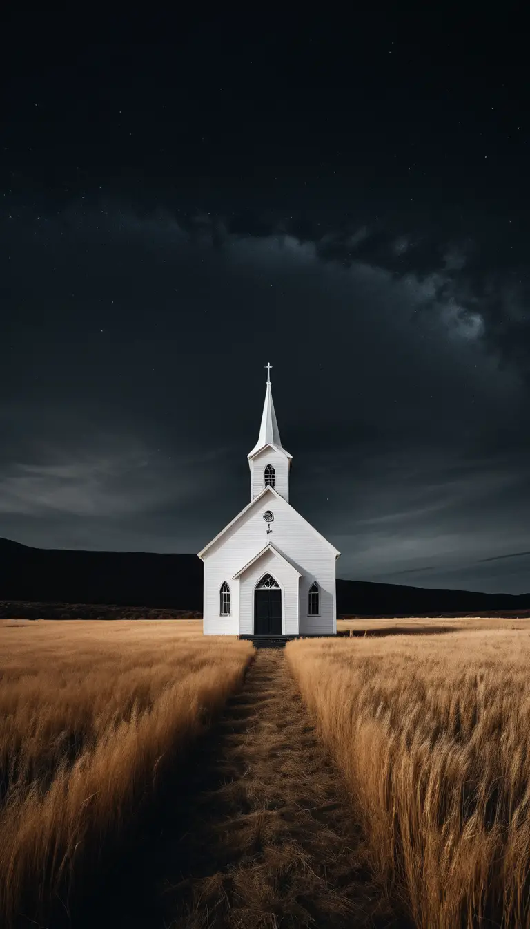 Small White Church In Dark Field Under Night Sky