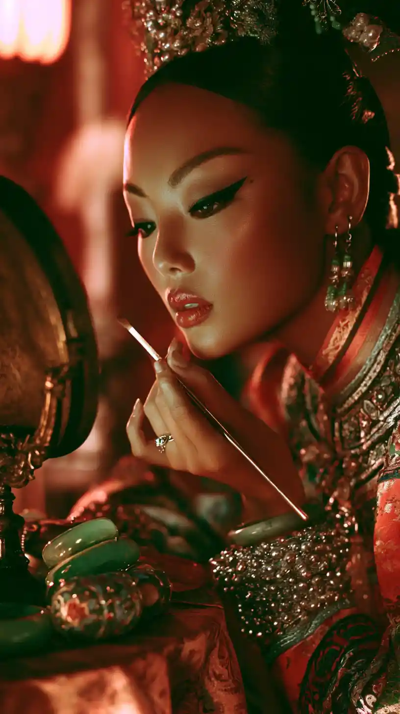 Qing dynasty woman applying makeup before a bronze mirror