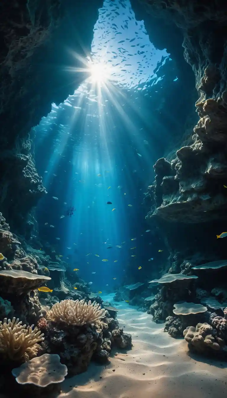Sunlit school of fish in a deep underwater cavern