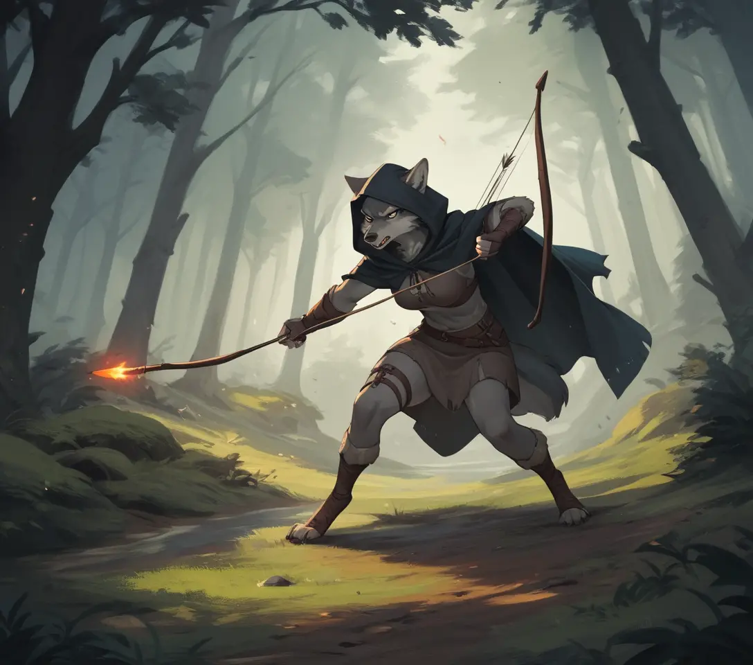 Anthropomorphic wolf archer in a cloak within a forest