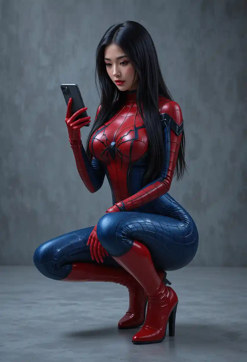Cosplayer asiatica accovacciata in bodysuit rosso e blu