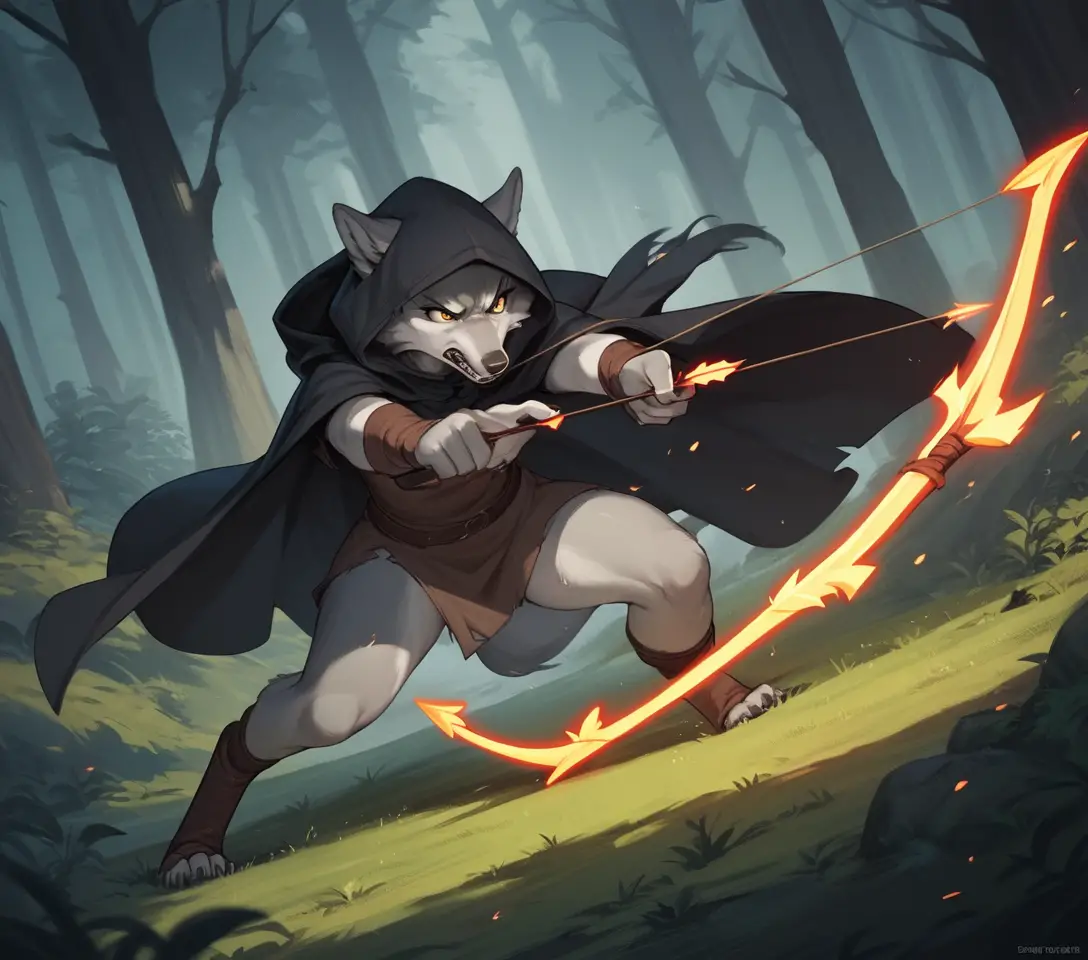 Anthropomorphic Wolf Archer In A Cloak Amid Forest Trees