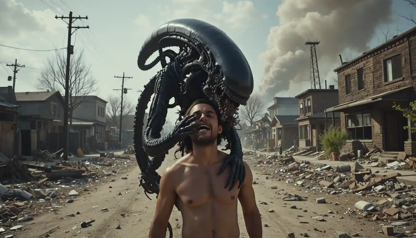 Alien devouring man on ruined daytime city street