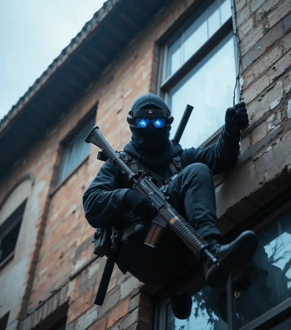Ninja Clinging To City Building With Rifle And Sword