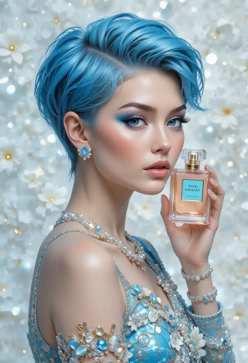Elegant woman holding perfume on pearly white background