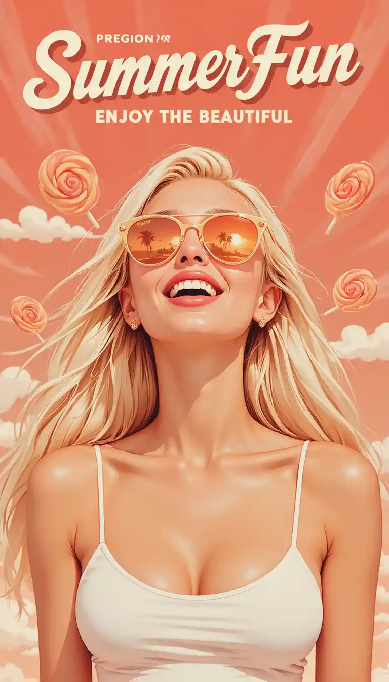 Laughing blonde girl in retro summer poster illustration
