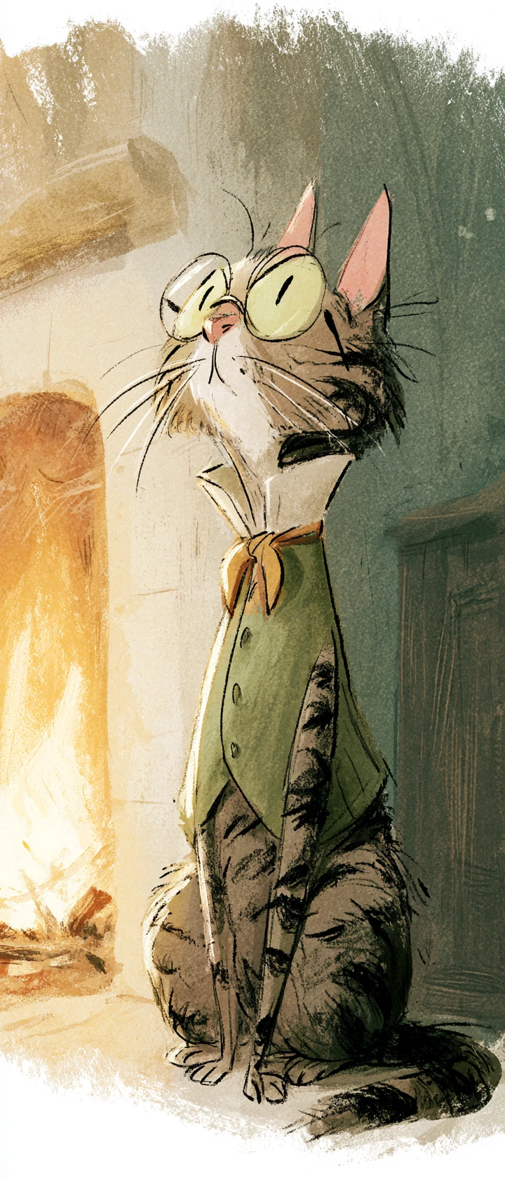 Regal tabby cat in waistcoat by a cozy fireplace