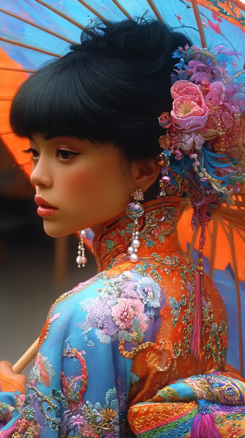 Japanisches Mädchen im blauen Kimono mit floralem Papierschirm