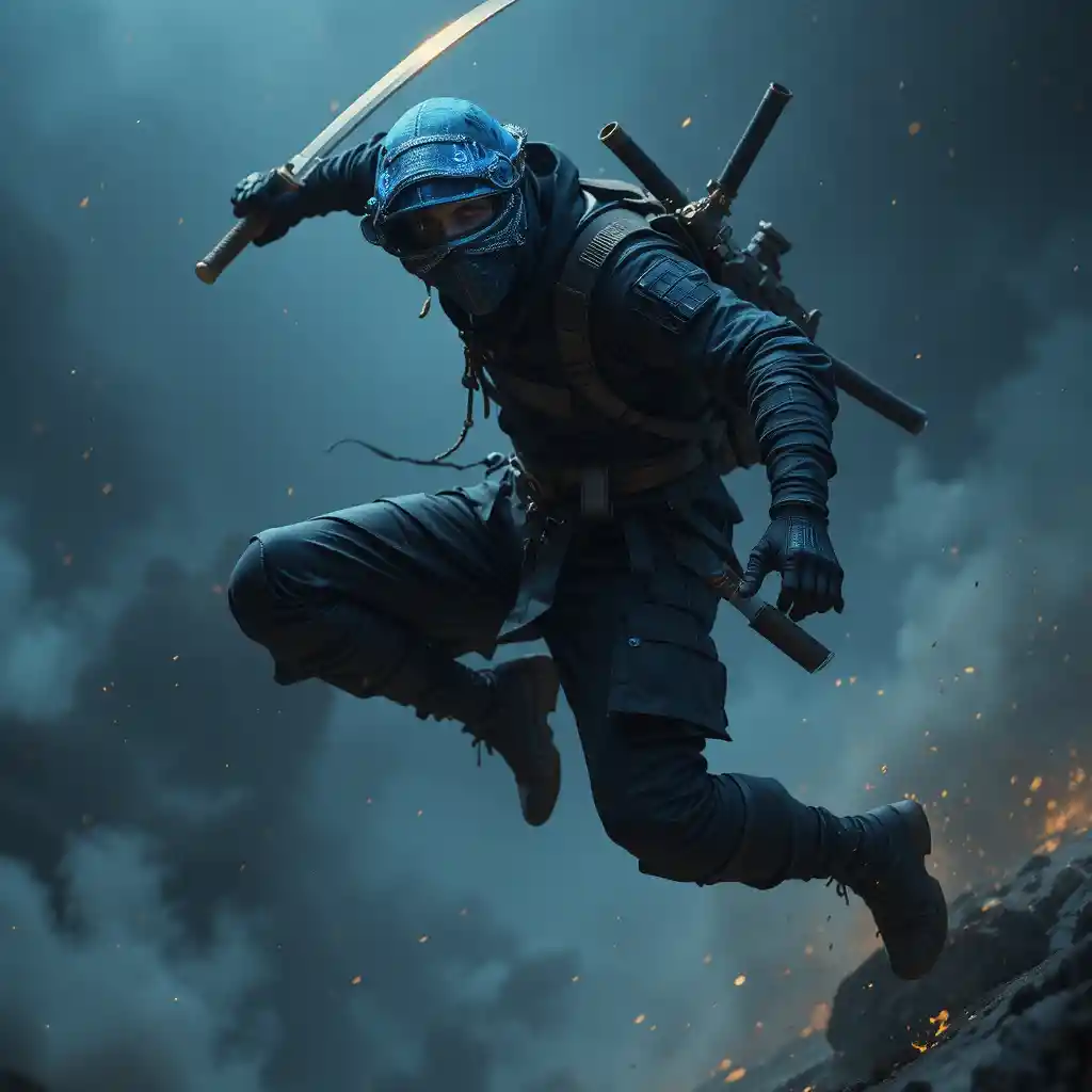 Ninja leaping through the air with samurai sword drawn