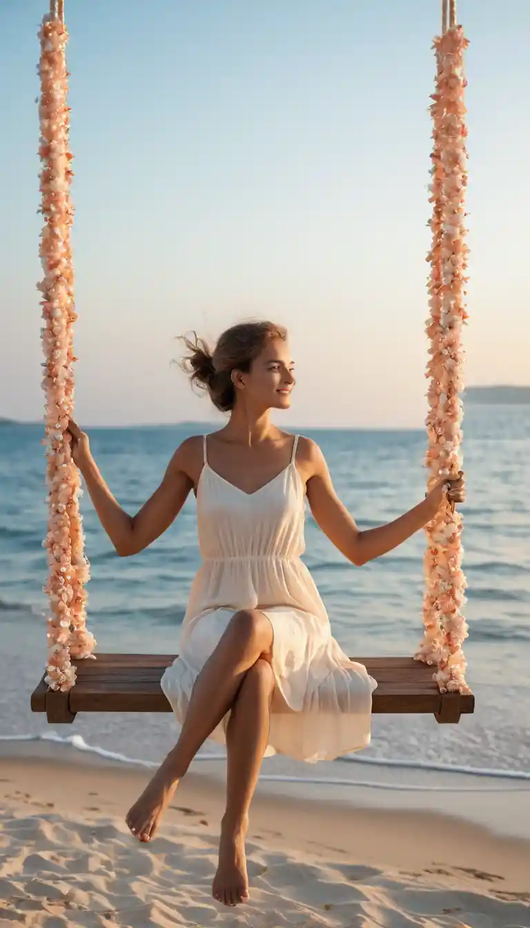 Young woman on swing by the sea at golden hour