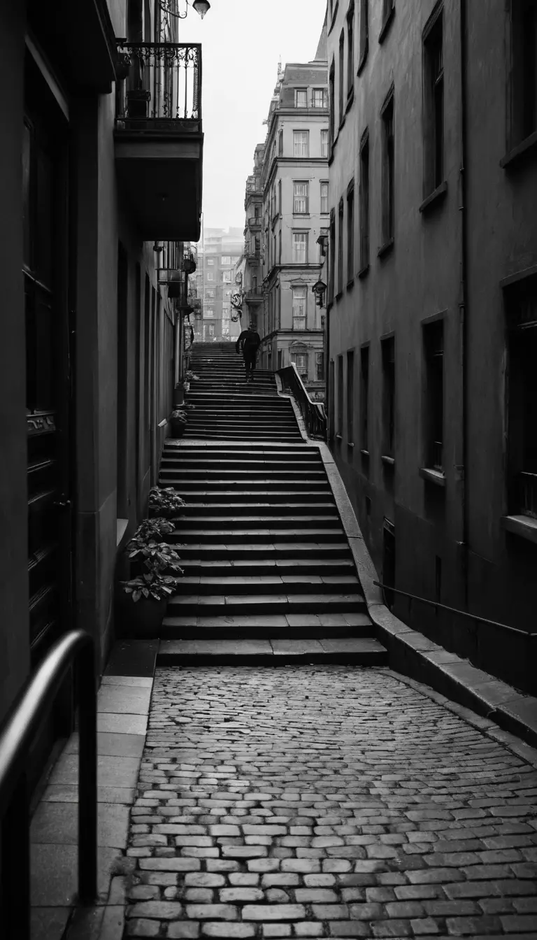 High angle black and white view down steep city staircase