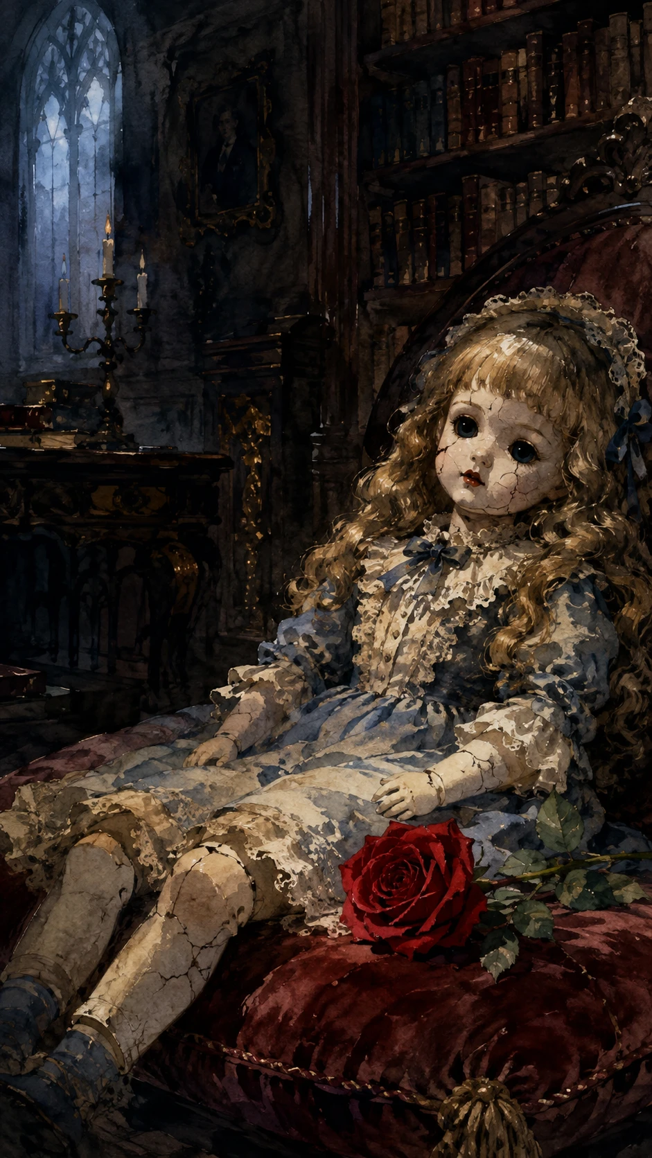 Antique porcelain doll on velvet cushion in shadowy library