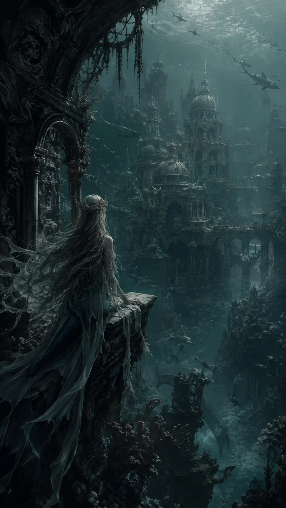 Melancholic mermaid in ruins of an ancient underwater city