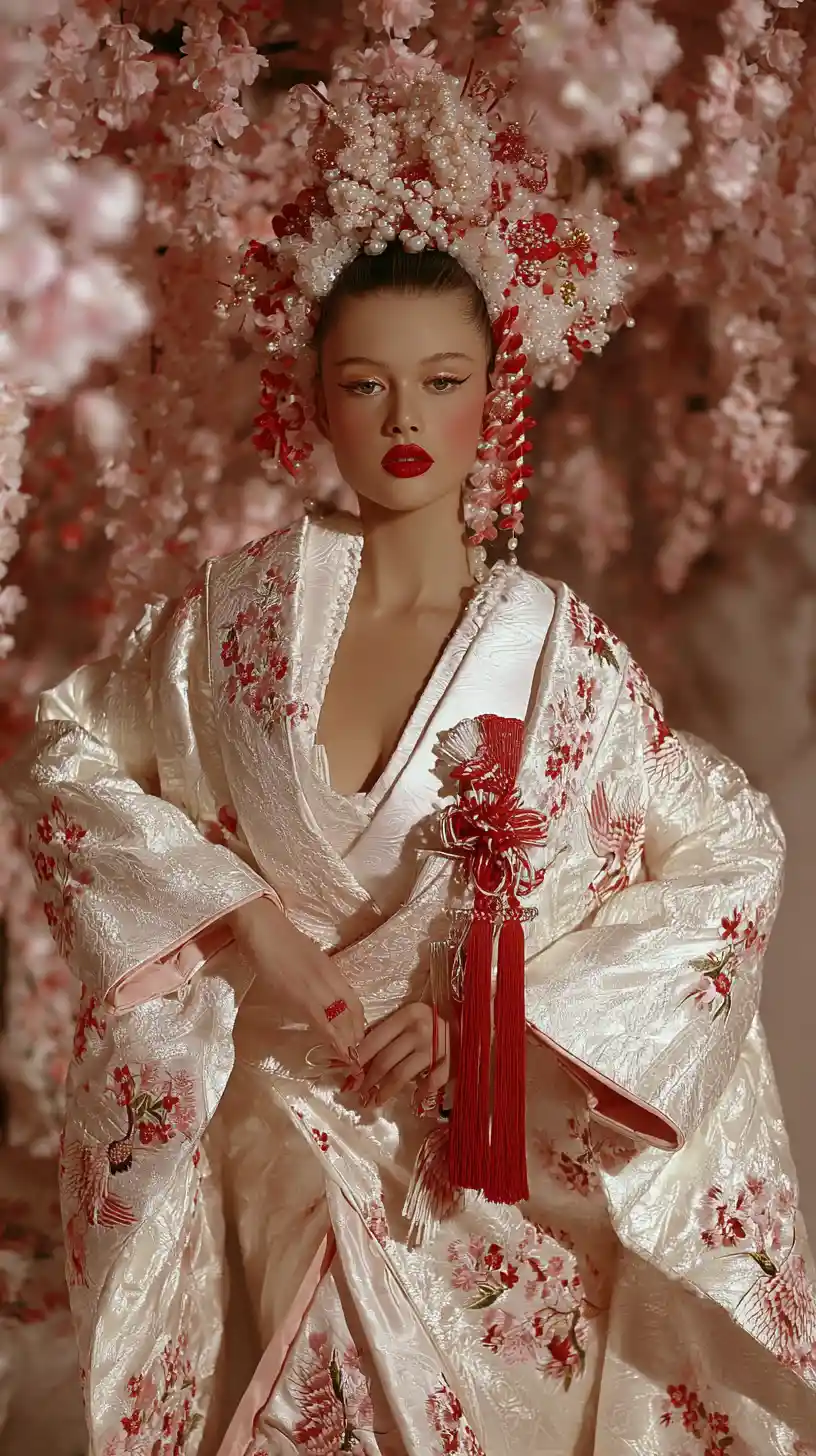 Sposa geisha couture in kimono shiromuku bianco a strati
