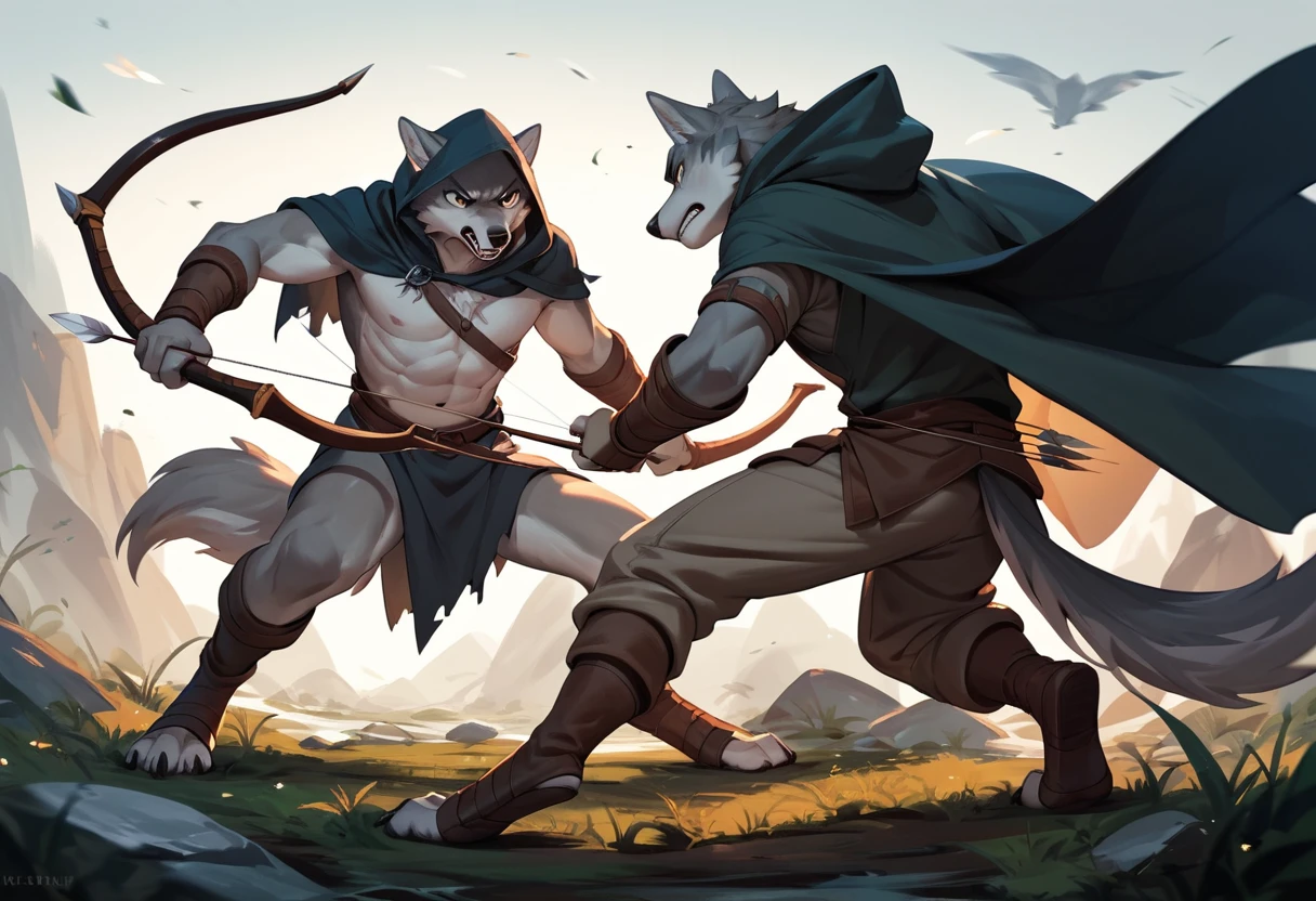 Anthropomorphic Grey Wolf Archer In Cloak And Hood