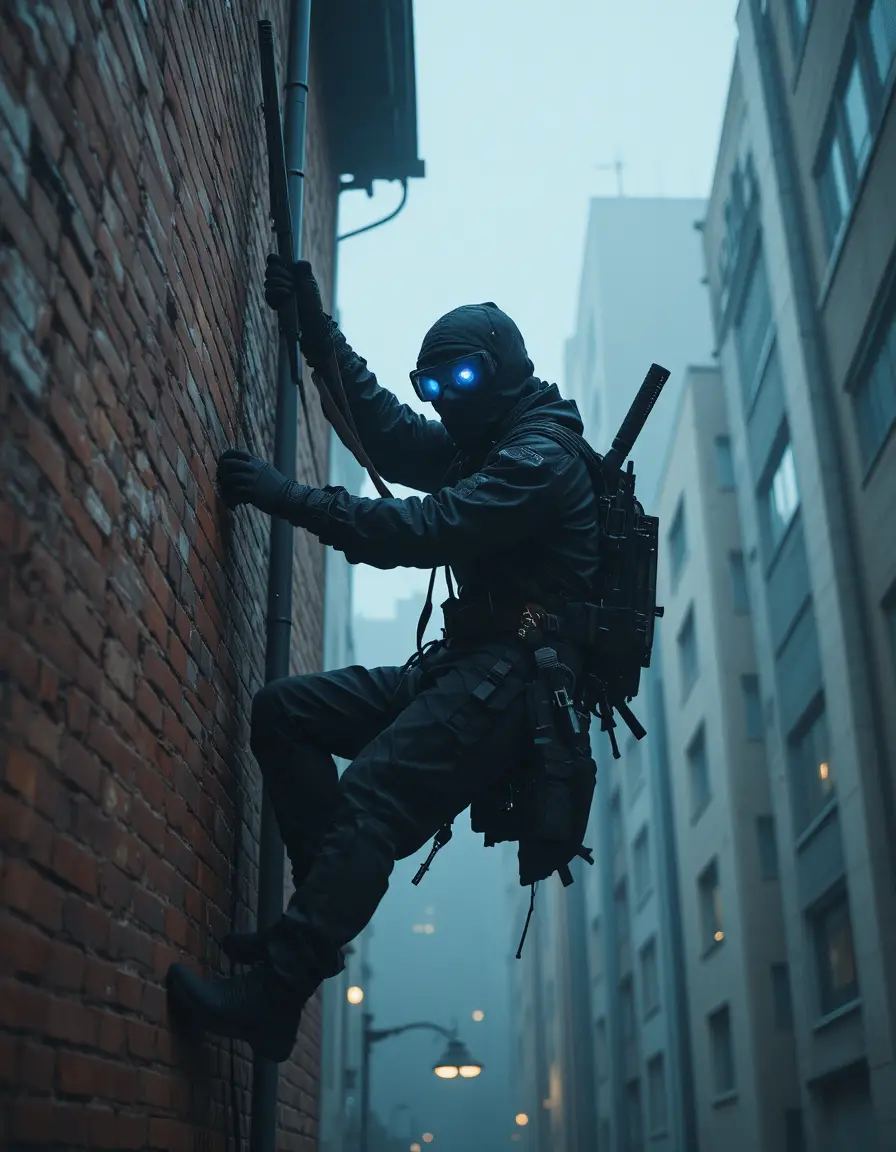 Stealth ninja hanging from a building with tactical gear