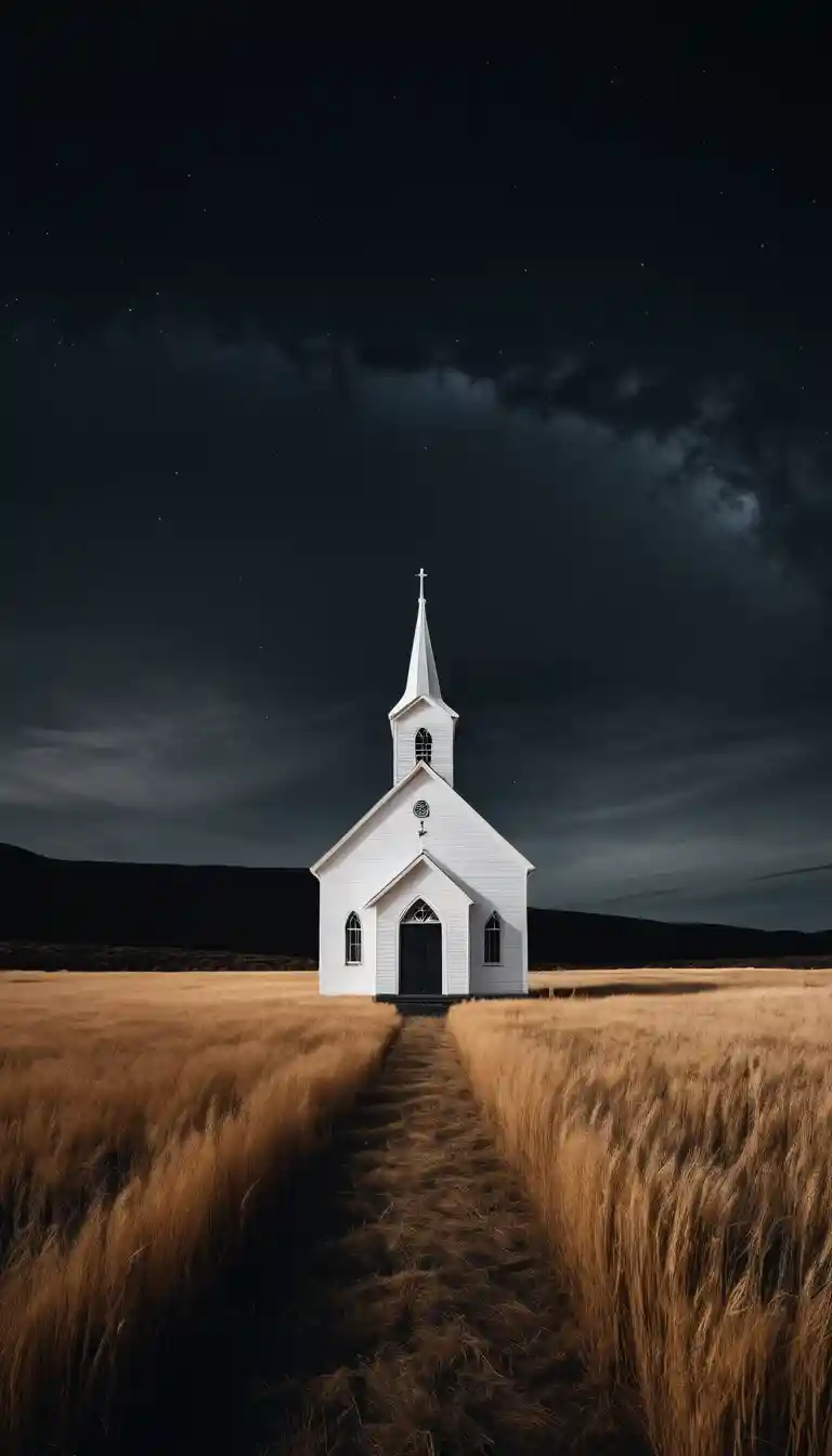 Small White Church In Dark Field Under Night Sky