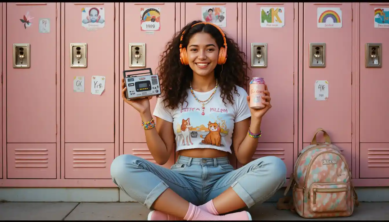 Joyful girl with headphones in front of pink school lockers